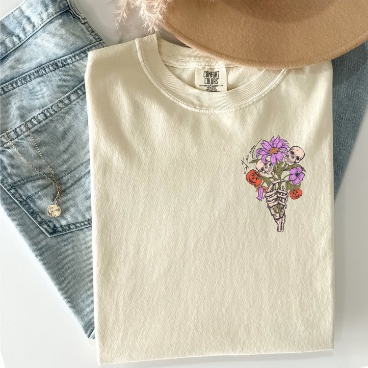 "For You" Skeleton Hand with Flowers Pocket Design Tee