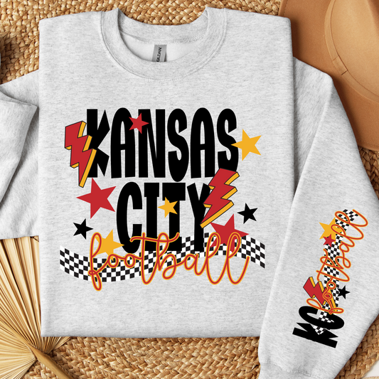 Kansas City Football with Sleeve Chiefs Red and Yellow on Grey Crewneck