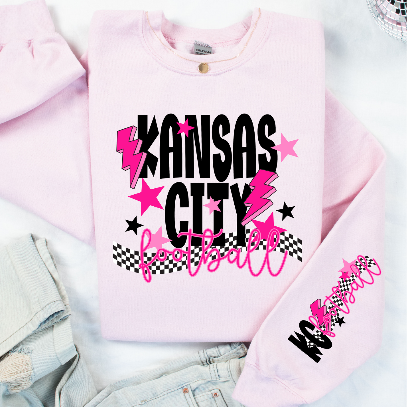 Kansas City Football with Sleeve Chiefs Pink and Black on Light Pink Crewneck