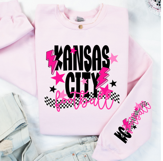 Kansas City Football with Sleeve Chiefs Pink and Black on Light Pink Crewneck