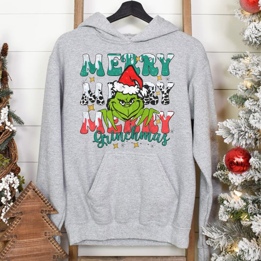 Merry Grinchmas Hoodie Distressed with Cow Print