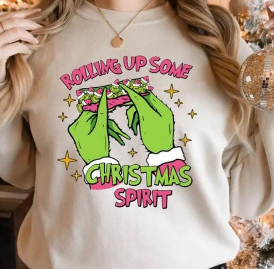 Rolling Up Some Christmas Spirit Grinch Crewneck Sweatshirt