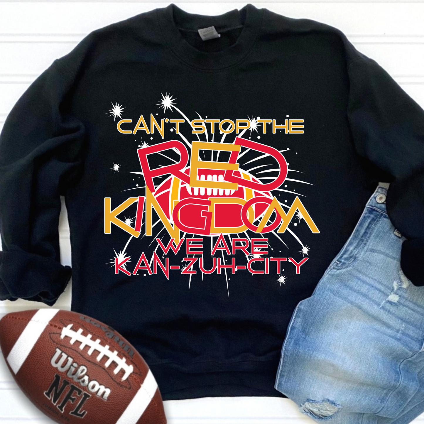 Can't Stop the Red Kingdom We Are Kan-Zuh-City with Fireworks KC Kansas City Chiefs Crewneck