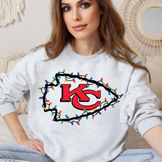 Kansas City Chiefs Arrowhead Logo Christmas Lights Crewneck Sweatshirt